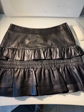 Maje Black Leather Tiered Ruffle Mini Skirt